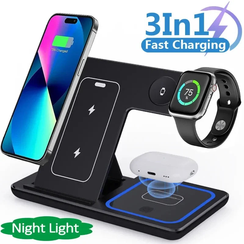 15W 3 In 1 LED Fast Wireless Charger Stand Foldable Charging Station For Smart Phone 16 15 14 IWatch Airpods Pro